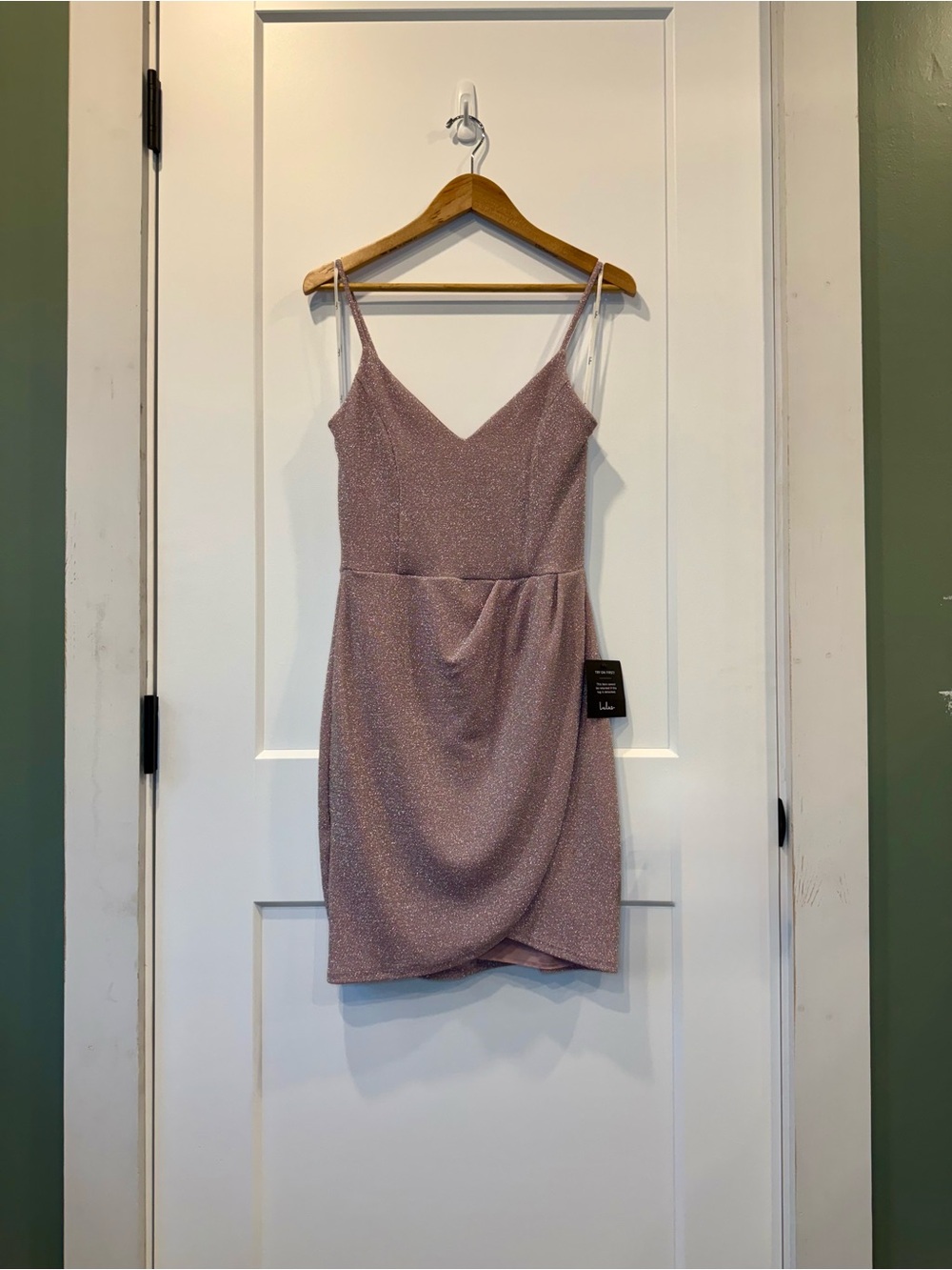 Lulu's Dusty Rose Sparkle V-Neck Spaghetti Strap Mini Dress